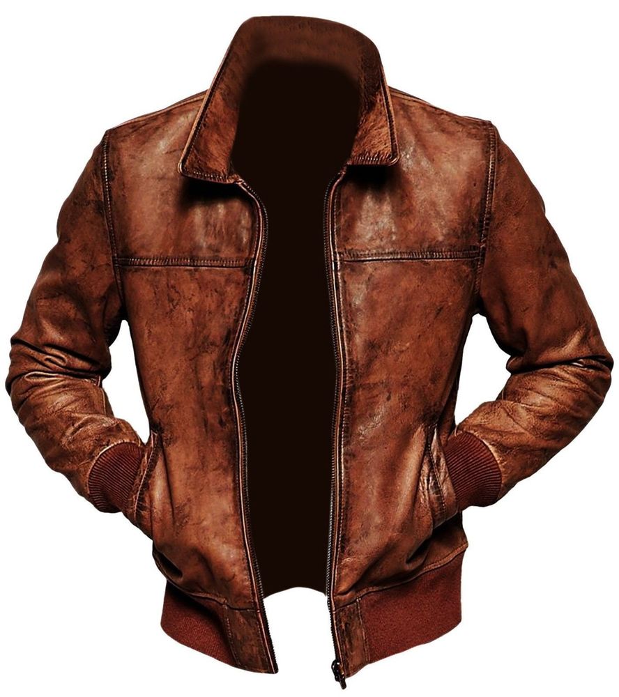 Mens Biker Motorcycle Vintage Distressed Brown Bomber Winter Leather Jacket - Ana Görsel