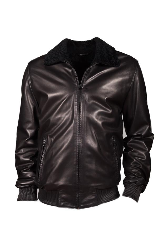 Men's Lining Lamb Fur Zipper Leather Jacket - Ana Görsel