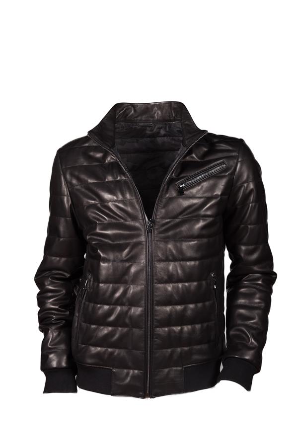 Men's Puffer Lambskin Zip Detail Jacket - Ana Görsel