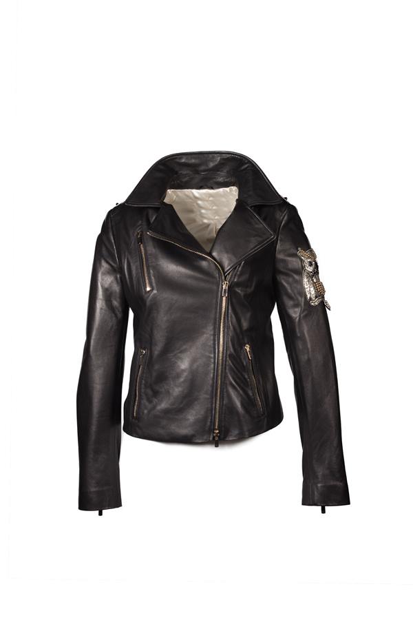 Owl Women's Biker Motorcycle Leather Jacket - Ana Görsel