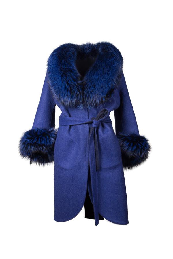 Women Cashmere Coat Blue Fox Fur Collor And Cuff - Ana Görsel