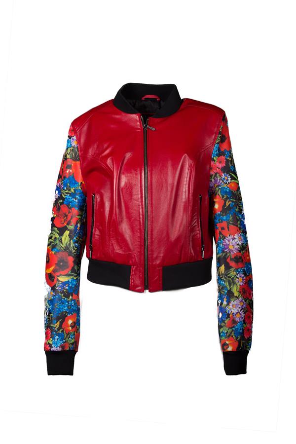 Women's Arms Floral Print Leather Jacket - Ana Görsel