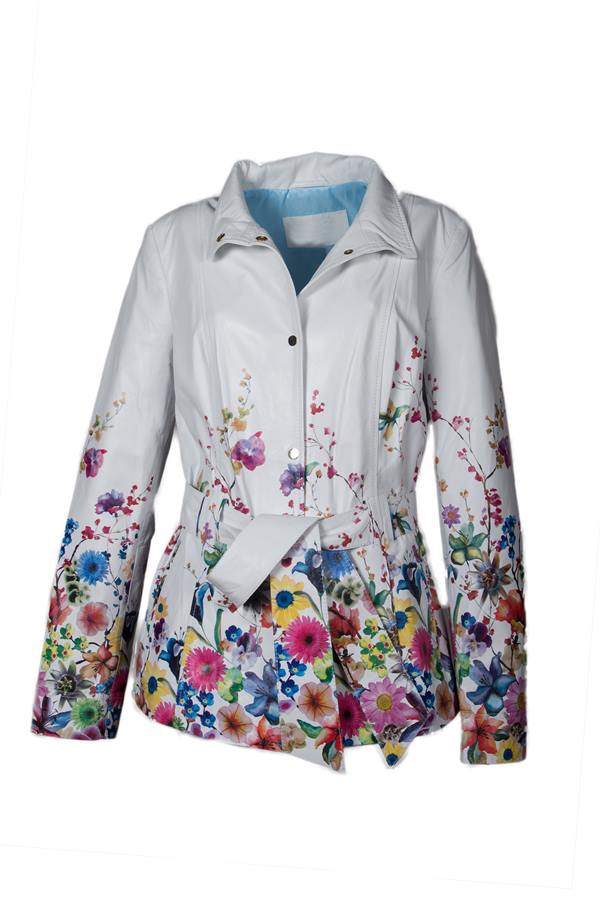 Women's Belted Floral Print Trench Coat Style Leather Jacket - Ana Görsel