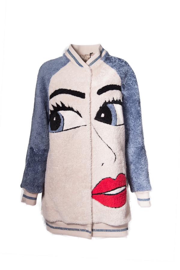 Women's Emoji Print Shearling Leather Jacket - Ana Görsel