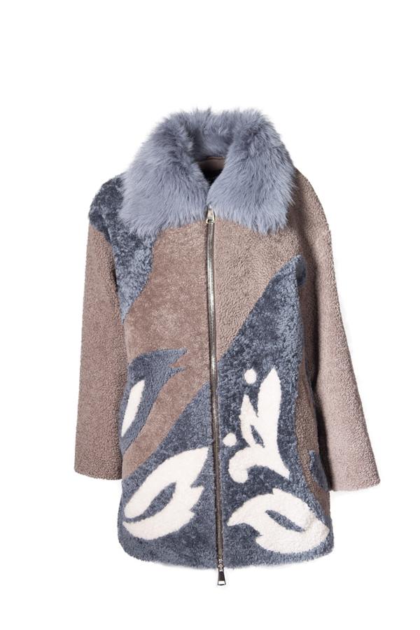Women's Flower Pattern Long Shearling Collar Fox Fur Leather Jacket - Ana Görsel