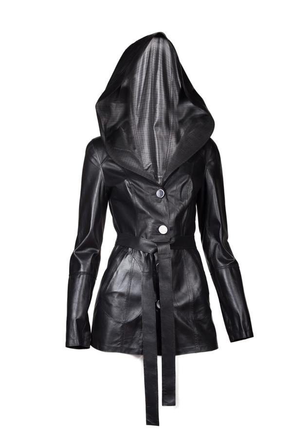 Women's Lining Square Print Loop And Button Closure Hooded Leather Jacket - Ana Görsel