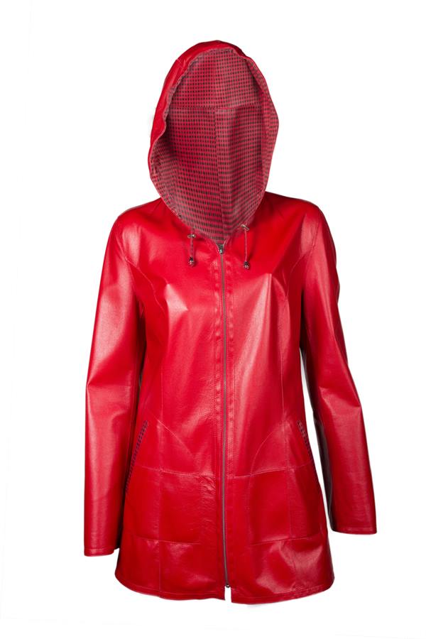 Women's Long Lining Square Print Collar Rope Hooded Leather Jacket - Ana Görsel