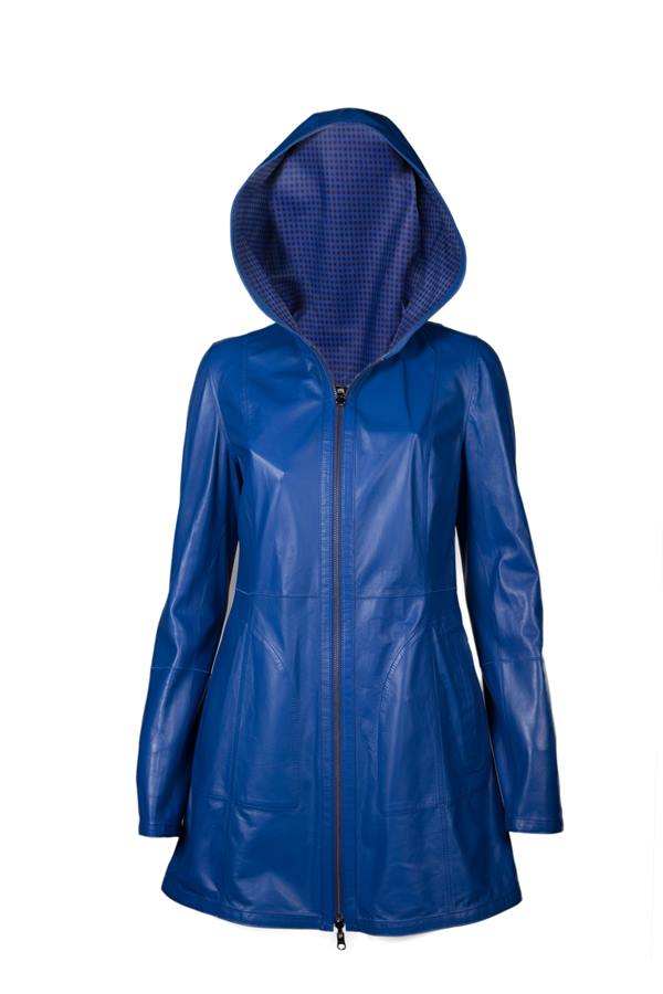 Women's Long Lining Square Print Hooded Leather Jacket - Ana Görsel