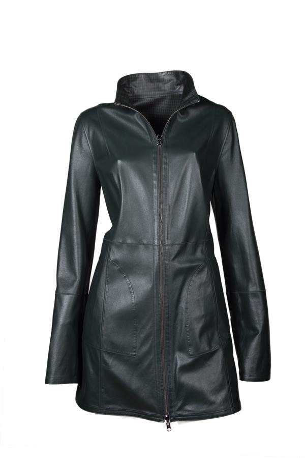 Women's Long Lining Square Print Zip Closure Leather Jacket - Ana Görsel
