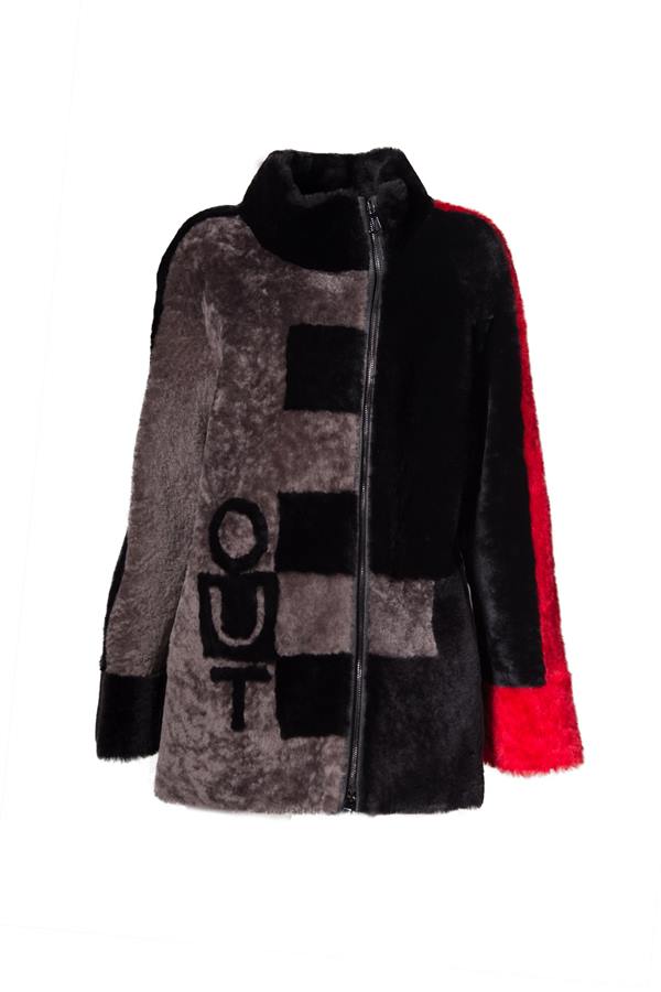 Women's Long Shearling Out Text Pattern Leather Jacket - Ana Görsel
