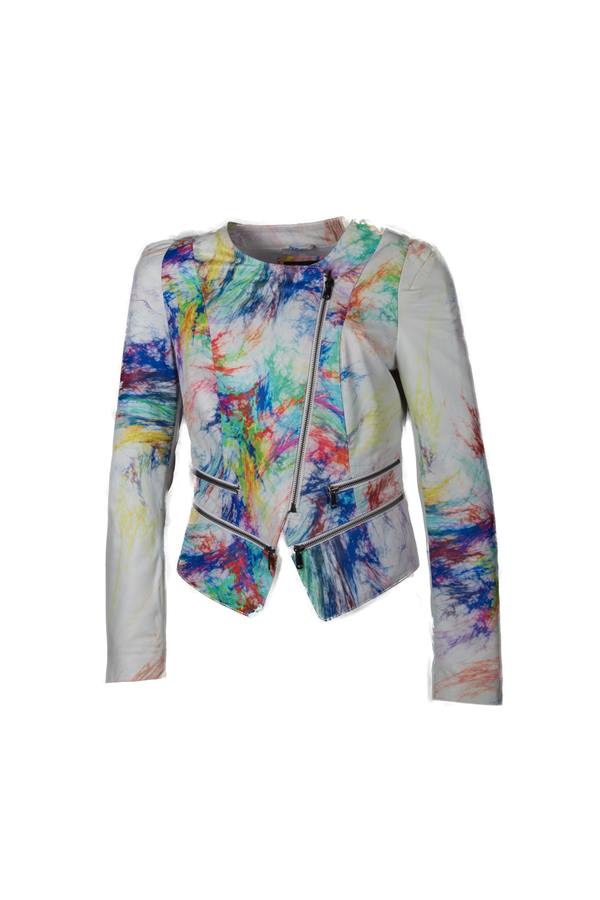 Women's Multi Color Print Slim Fit Leather Jacket - Ana Görsel