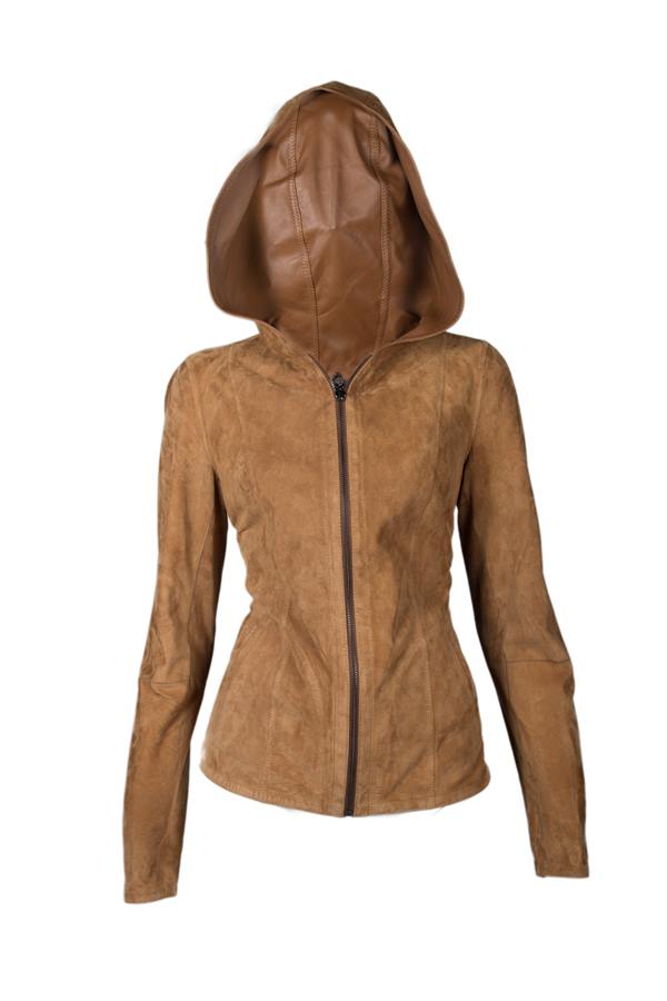 Women's Short Hooded Reversible Suede Leather Jacket - Ana Görsel
