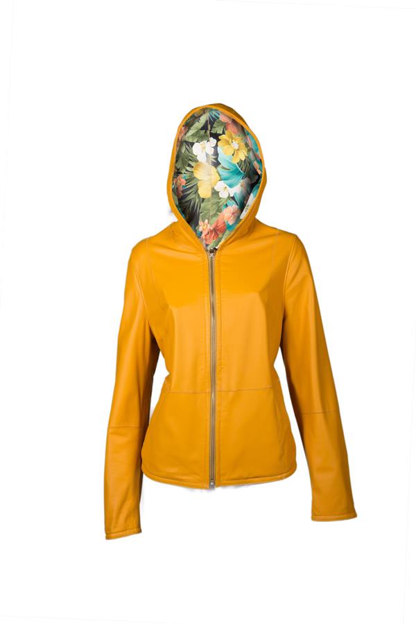 Women's Short Lining Floral Print Hooded Leather Jacket - Ana Görsel