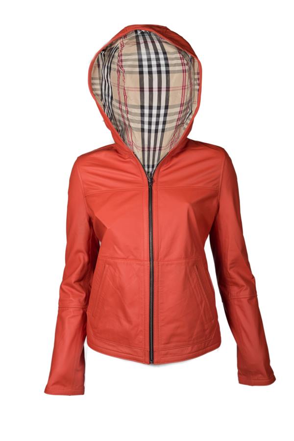 Women's Short Lining Print Burbery Hooded Leather Jacket - Ana Görsel