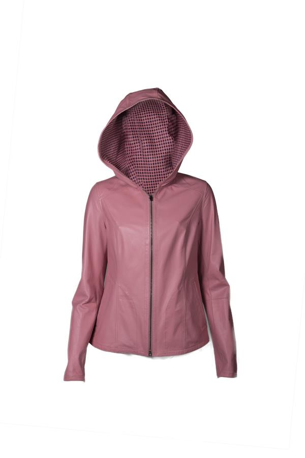 Women's Short Lining Square Print Hooded Leather Jacket - Ana Görsel