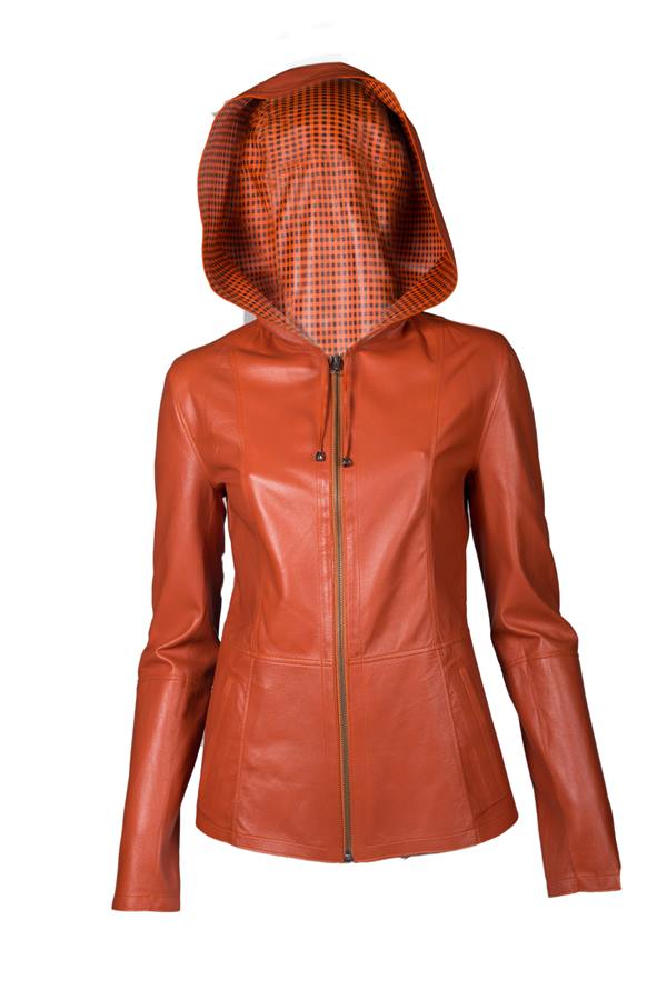 Women's ShortLining Square Print Zip Closure Leather Jacket - Ana Görsel