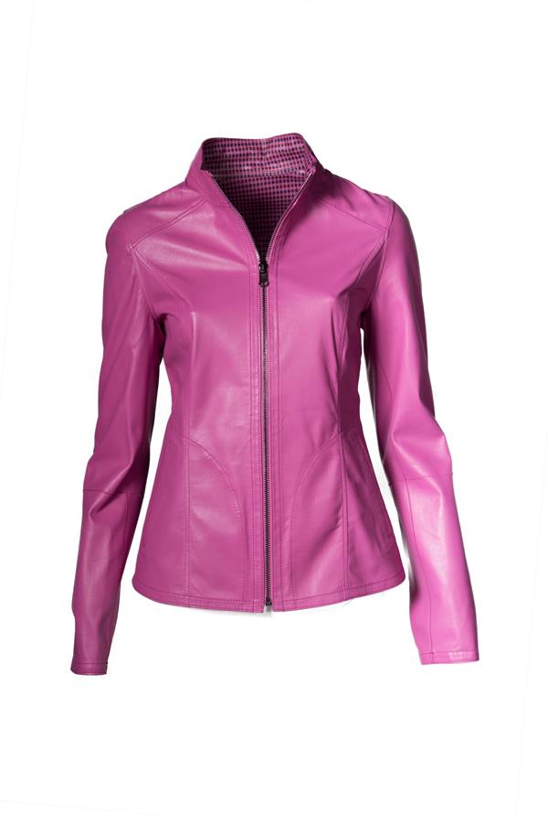 Women's Square Print Lining Leather Jacket - Ana Görsel