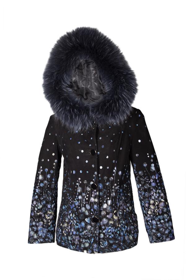 Women's Suede Floral Print Hooded Fur Leather Jacket - Ana Görsel