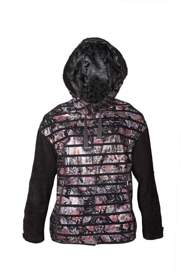 Women's Suede Floral Print Hooded Leather Jacket - Ana Görsel