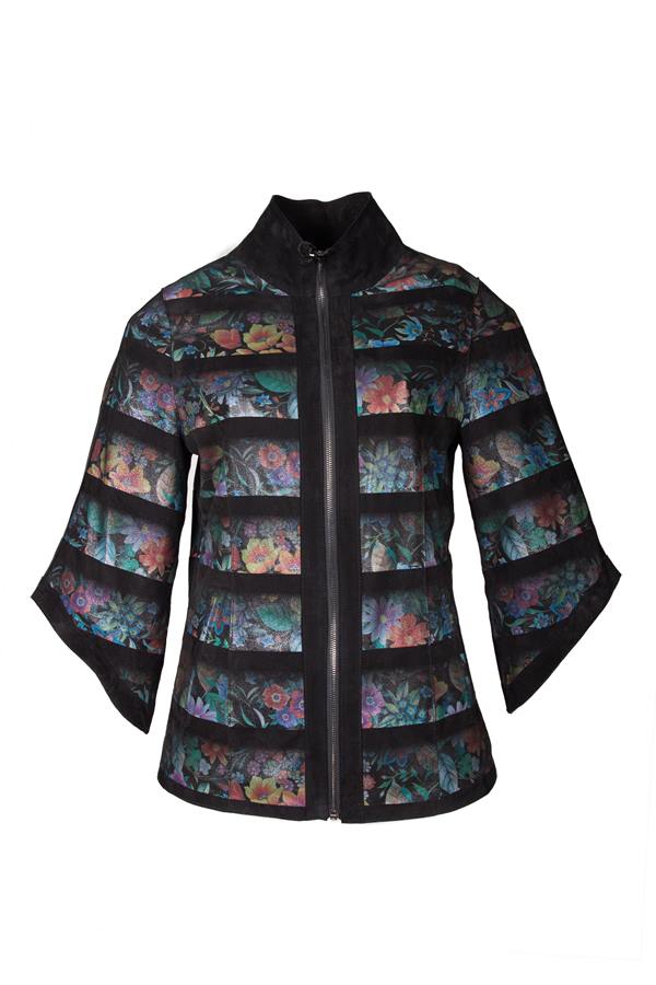 Women's Suede Floral Print Leather Jacket - Ana Görsel